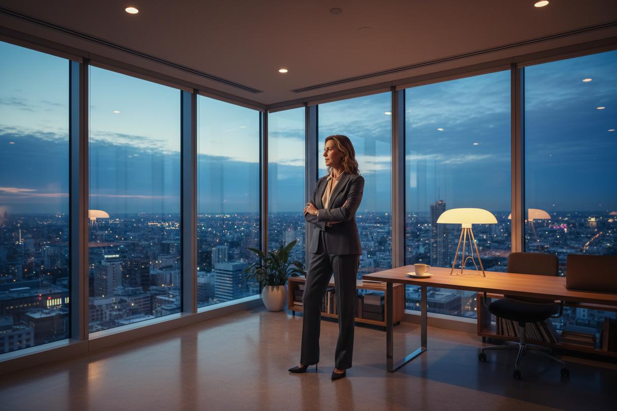 Business professional in modern office overlooking city skyline