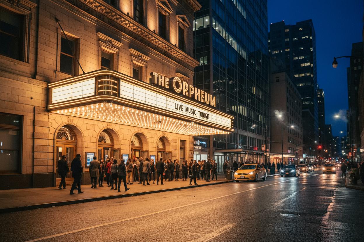 Historic theater venue at night